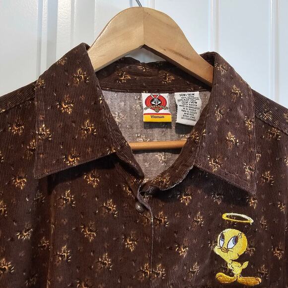 Vtg Looney Toons Tweety Bird Corduroy Blouse Womens 14W/16W Brown Floral 90s - Picture 4 of 9